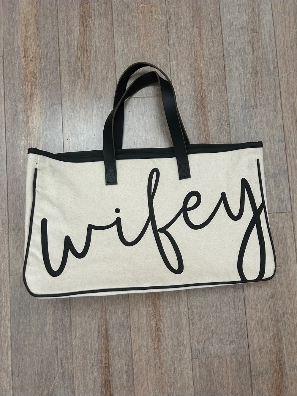 Cream Canvas 'Wifey' Tote with Black Script and Trim leather handles